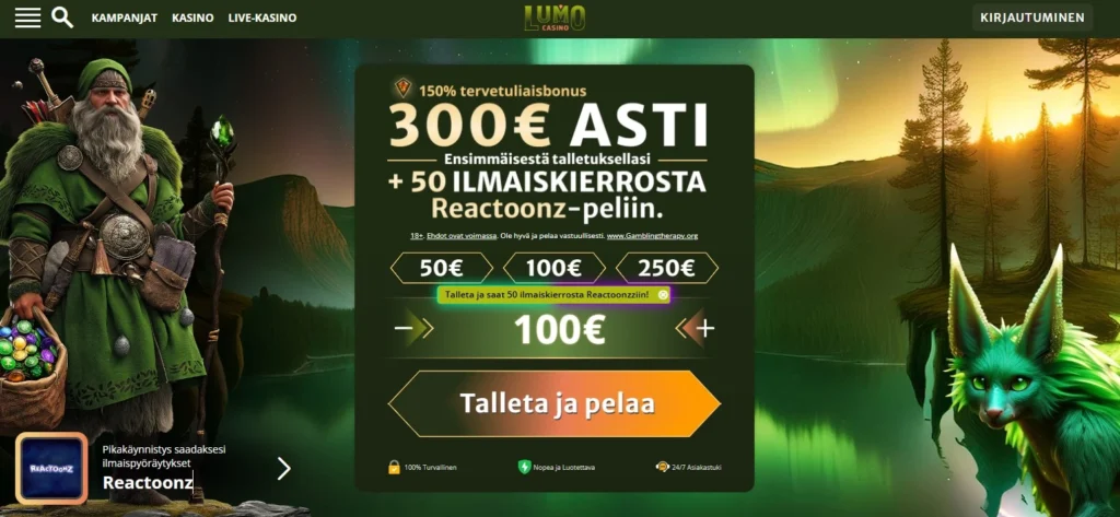 Lumo kasino tarjoaa 150% bonuksen 300€ asti. sekä ilmaiskierrokset reactoonz-peliin.