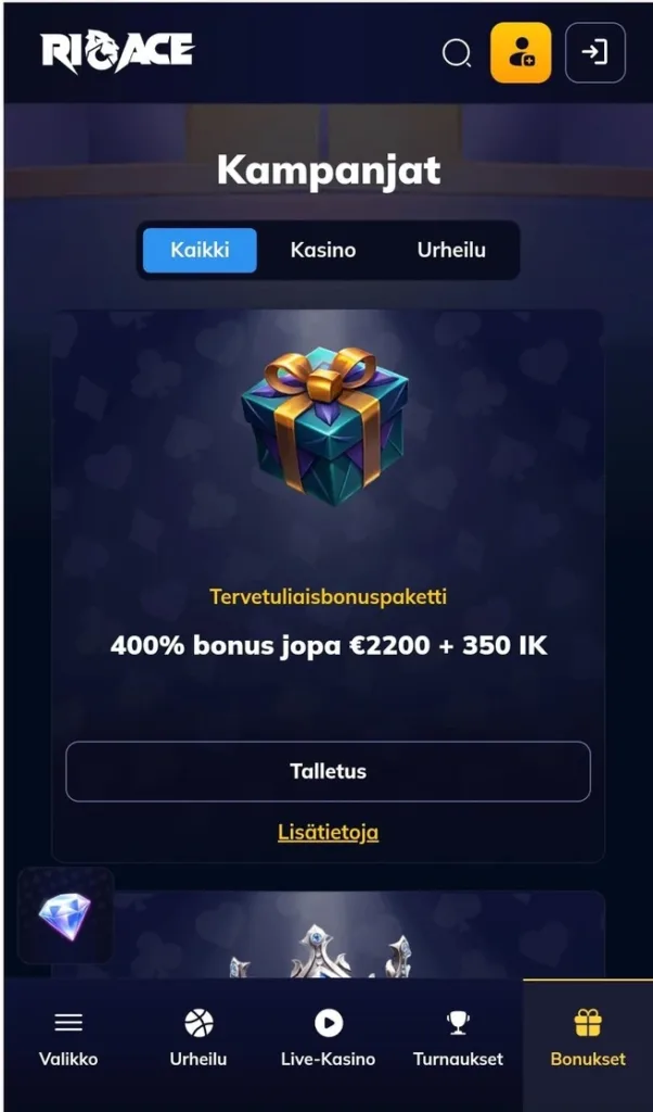 RioAce casino Tervetulobonus