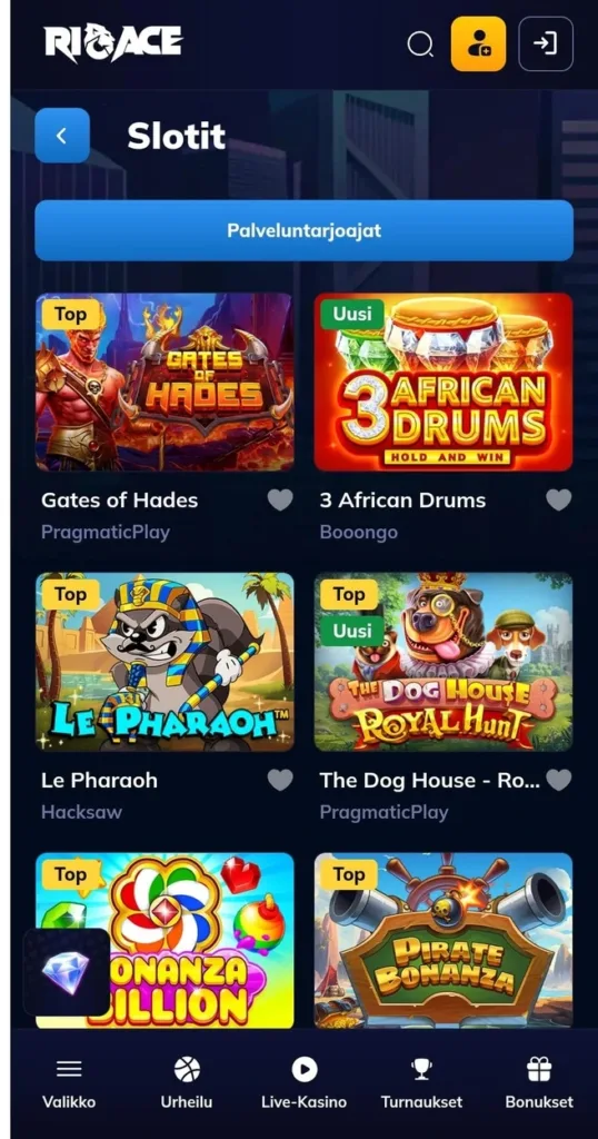 RioAce casino pelivalikoima