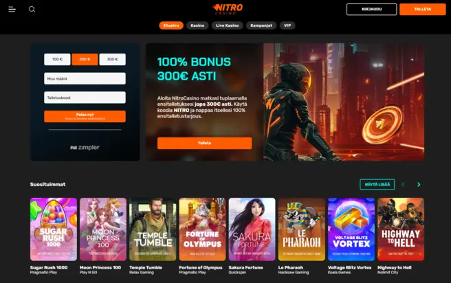 Kuva Nitro Casinon pääsivusta