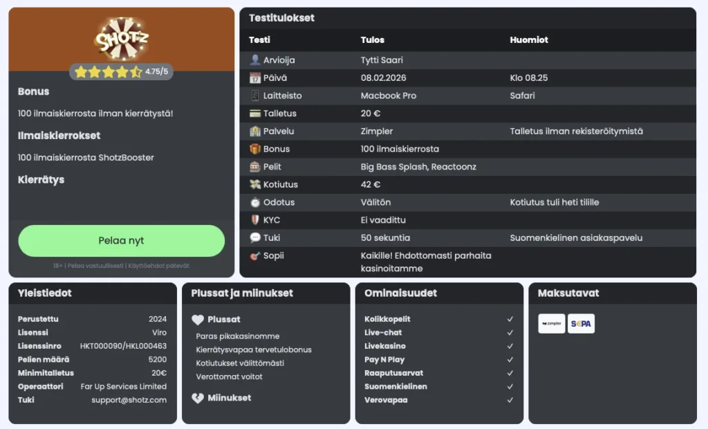 shotz casino testaus